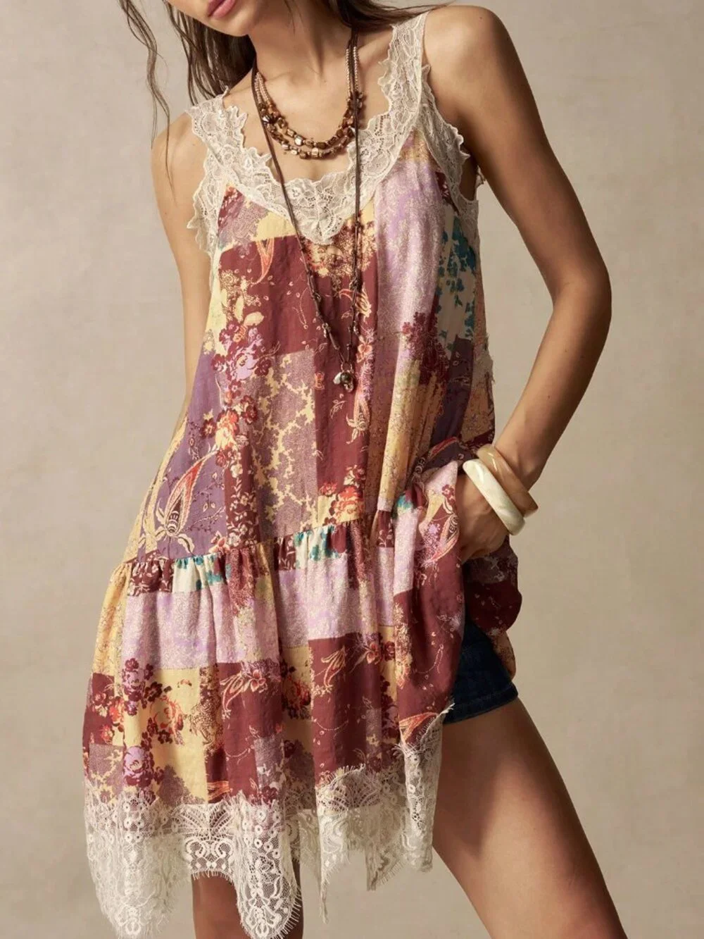 Multicolor Boho Women's Floral Print Contrast Lace Hem Sleeveless Short Dress